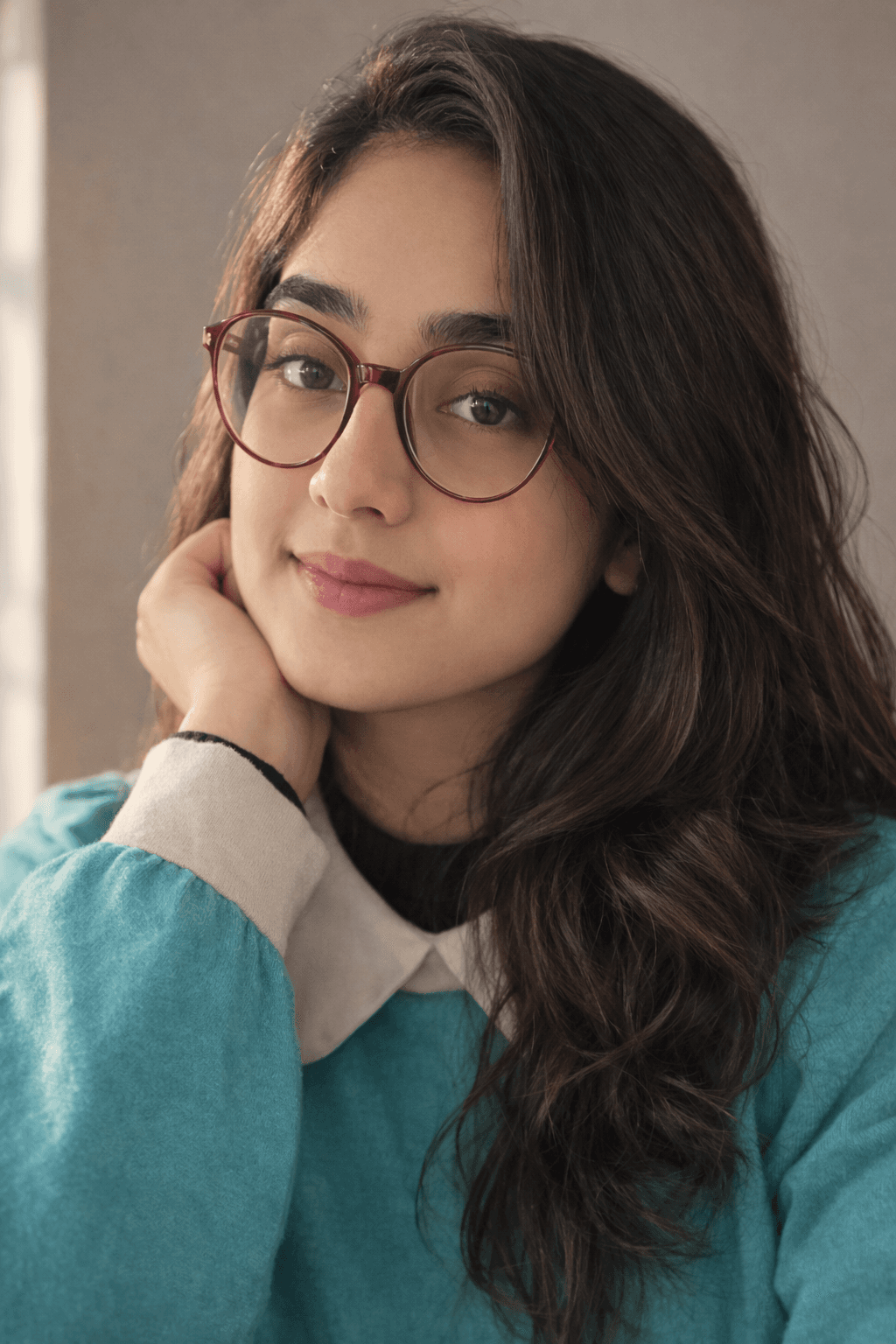 Portrait of Aneeqa Tahir, smiling at the camera with a soft rose-violet backdrop